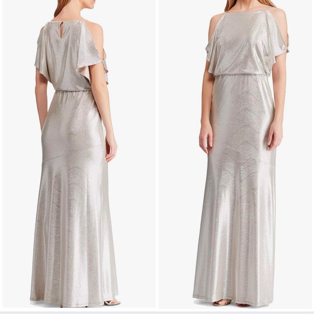 Ralph Lauren Platinum Mesh Cold Shoulder Gown Maxi Dress Size 14